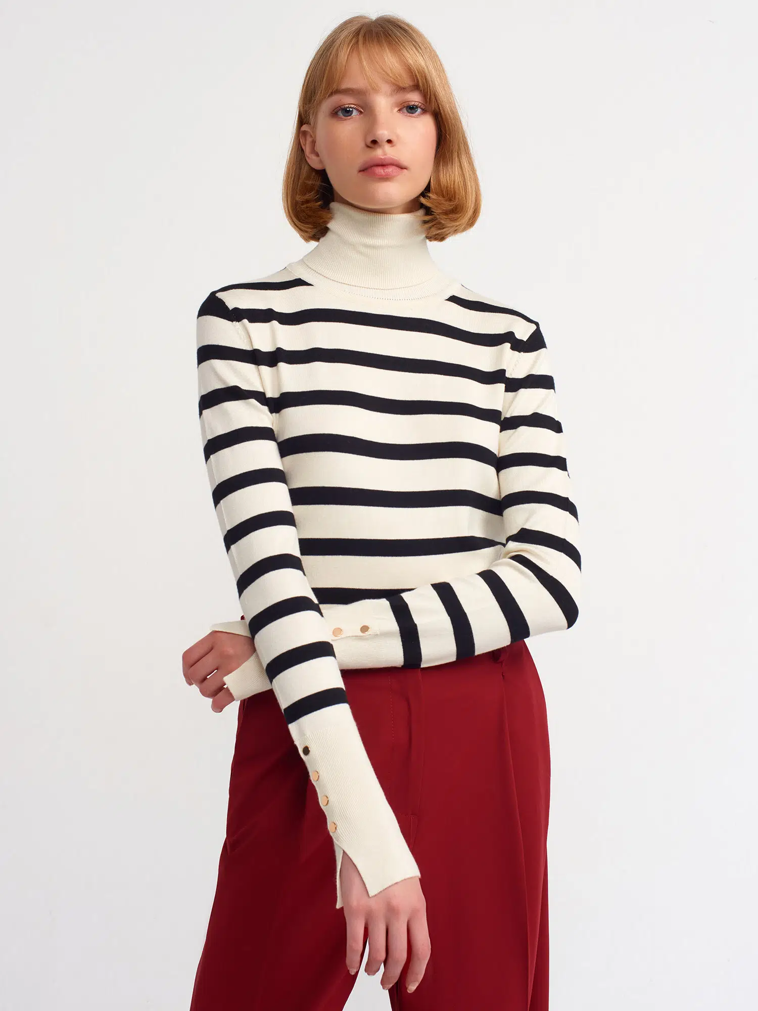 10432 DİLVİN BALIKÇI YAKA ÇİZGİLİ DUROPLU KAZAK