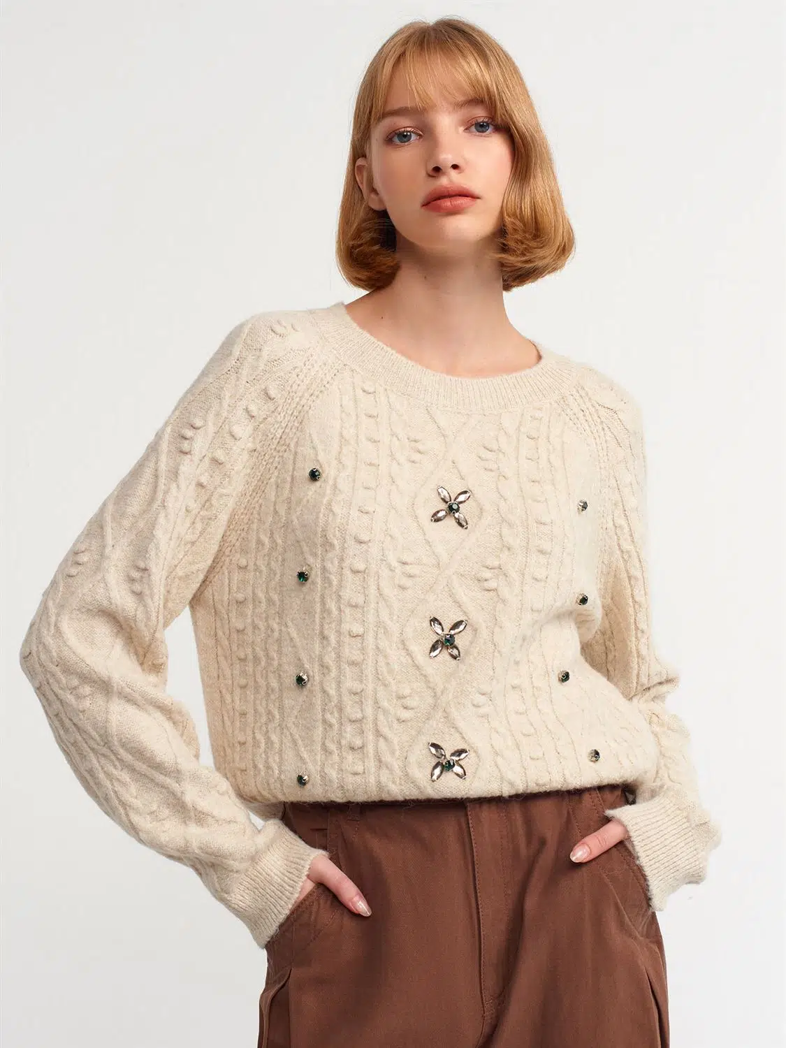 10462 DİLVİN BİSİKLET TAKA ÖNÜ TAŞ İŞLEMELİ KAZAK - BEJ