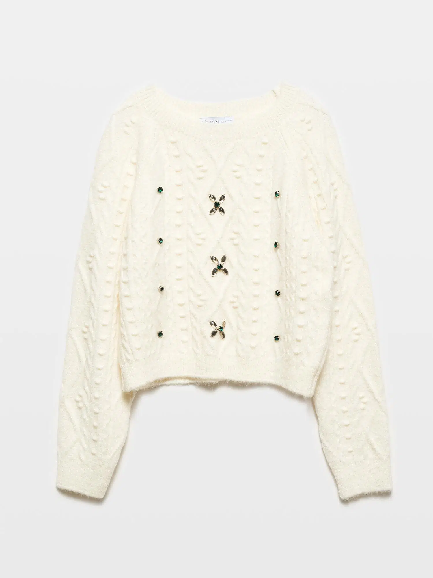 10462 DİLVİN BİSİKLET TAKA ÖNÜ TAŞ İŞLEMELİ KAZAK - EKRU