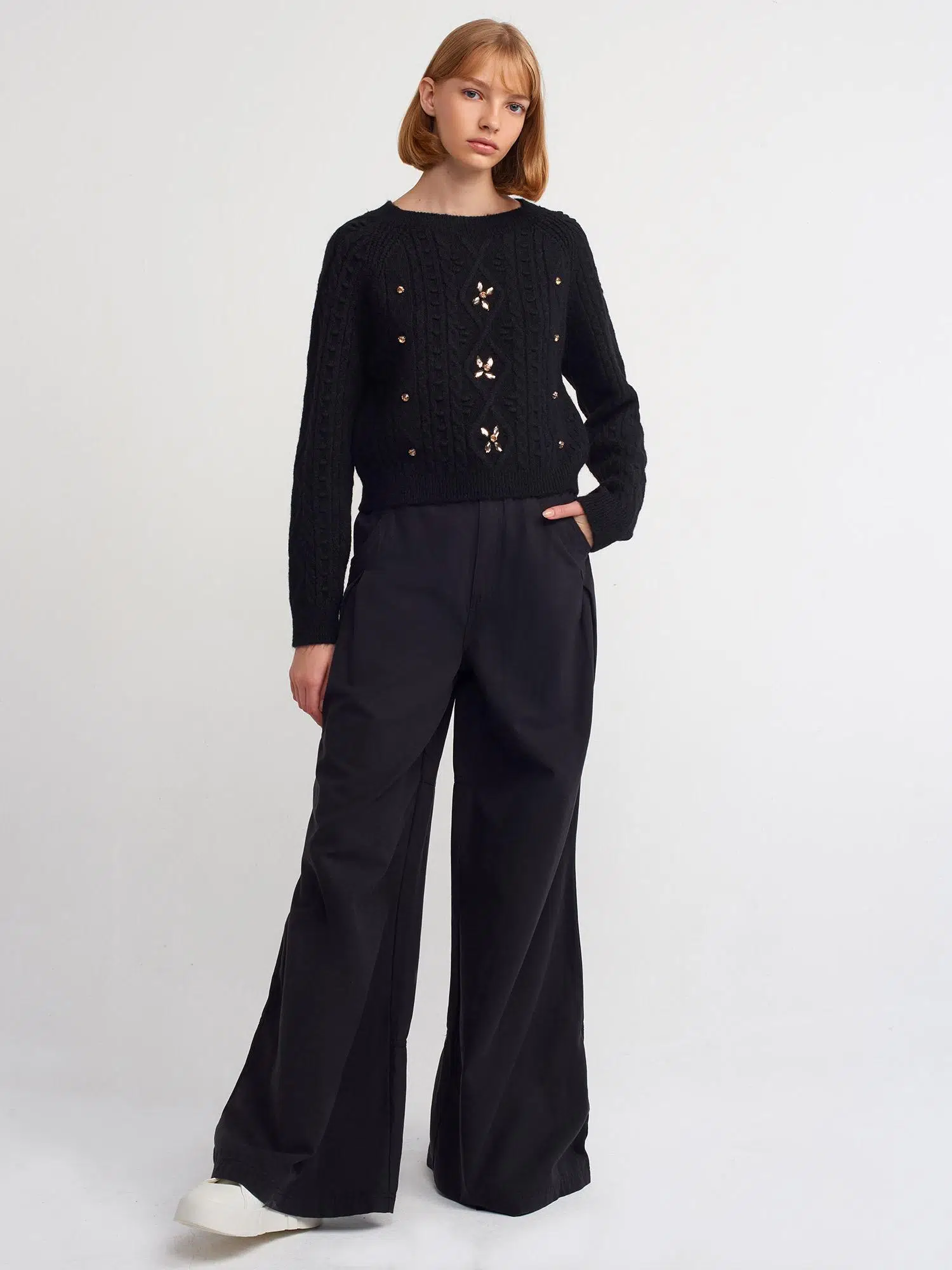 10462 DİLVİN BİSİKLET TAKA ÖNÜ TAŞ İŞLEMELİ KAZAK