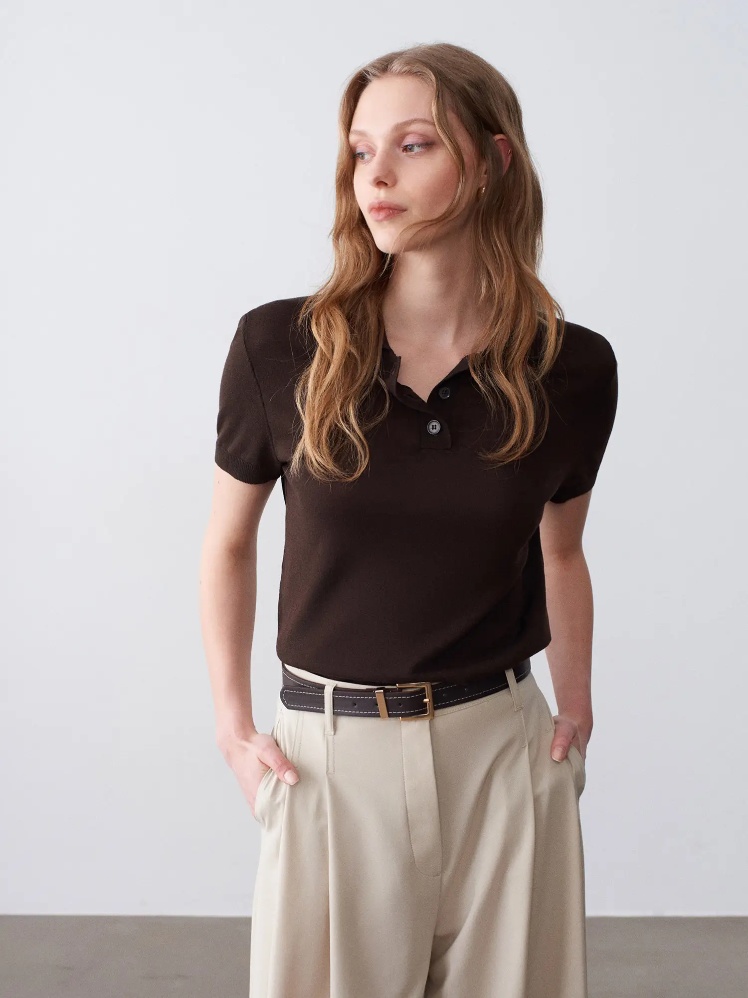 10871 DİLVİN LİYOSEL KARIŞIMLI POLO YAKA BLUZ - K.KAHVE