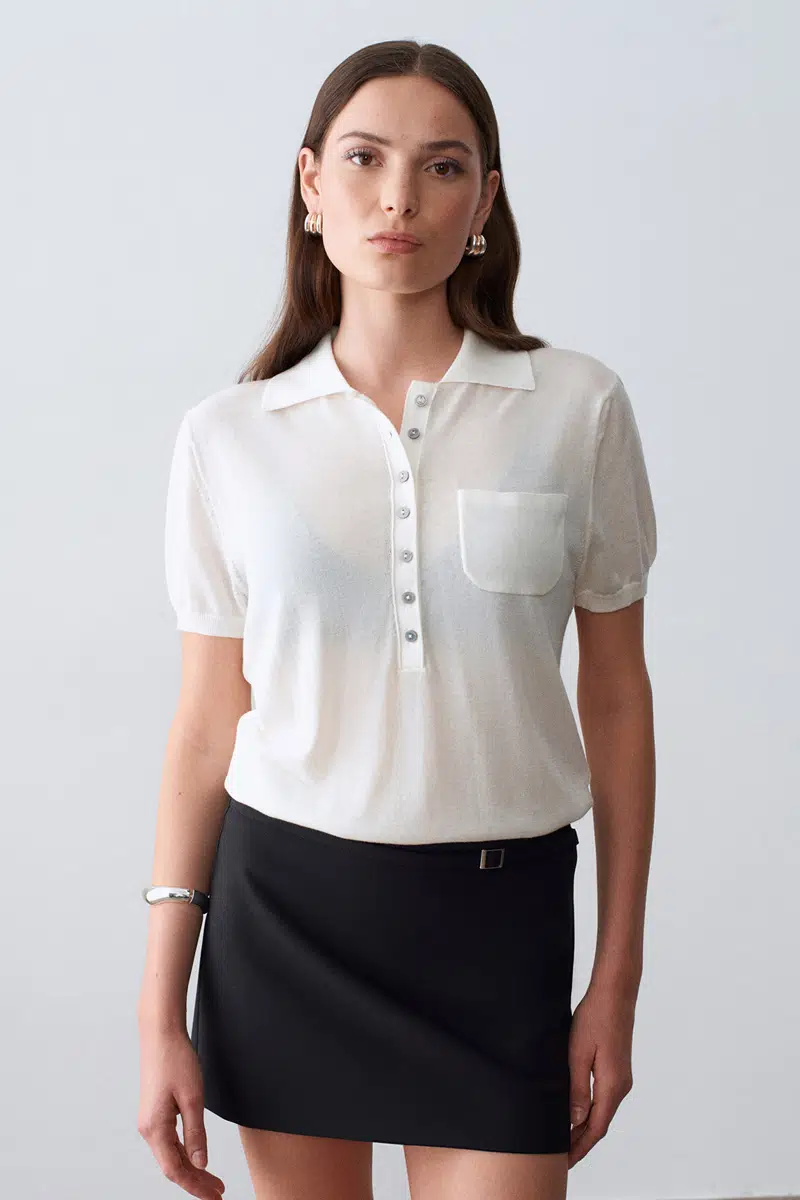 10874 DİLVİN LYOCELL KARIŞIMLI POLO YAKA BLUZ - EKRU
