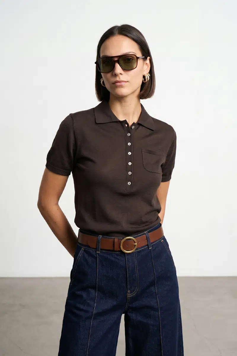 10874 DİLVİN LYOCELL KARIŞIMLI POLO YAKA BLUZ - K.KAHVE