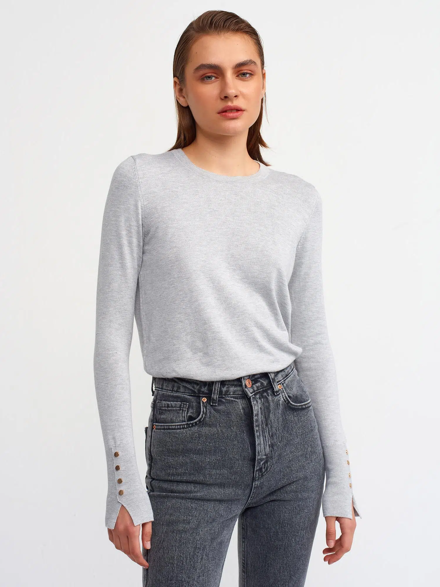 1267 DİLVİN KAZAK BİSİKLET YAKA KOL ORTASI DROPLU - GRİ-MELANJ