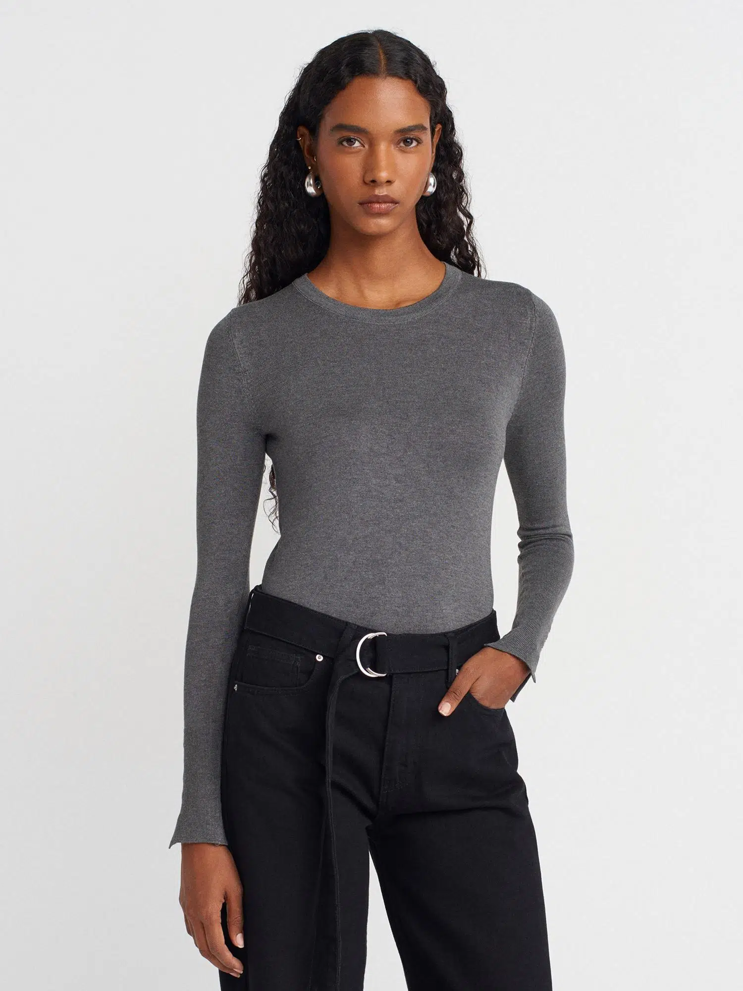 1267 DİLVİN KAZAK BİSİKLET YAKA KOL ORTASI DROPLU - KOYU FÜME MELANJ