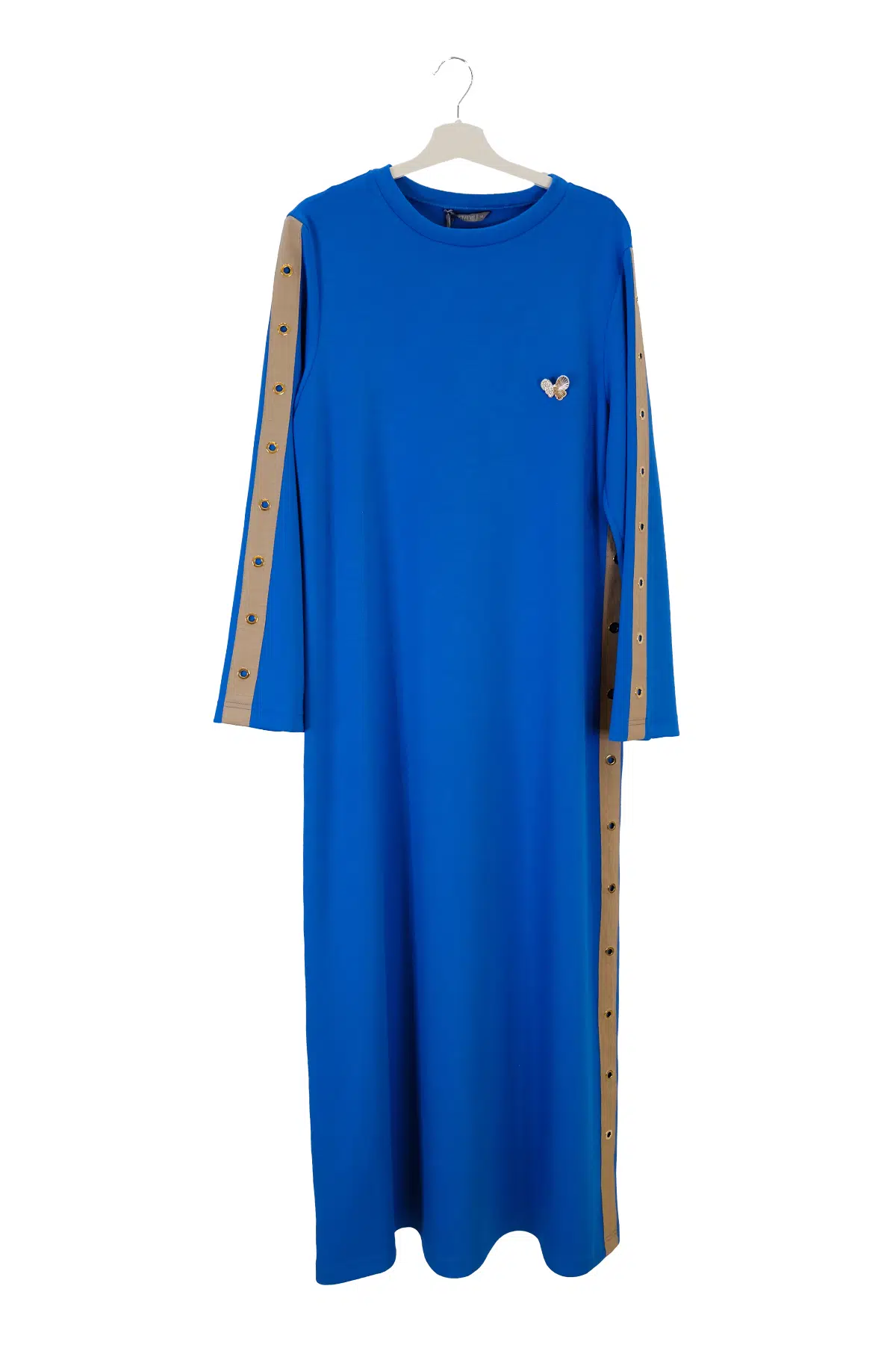 1374 GİZEMLİ KUŞGÖZLÜ GARNİLİ ELBİSE - MAVİ