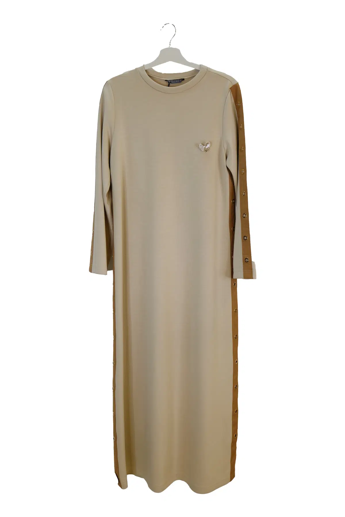 1374 GİZEMLİ KUŞGÖZLÜ GARNİLİ ELBİSE - BEJ