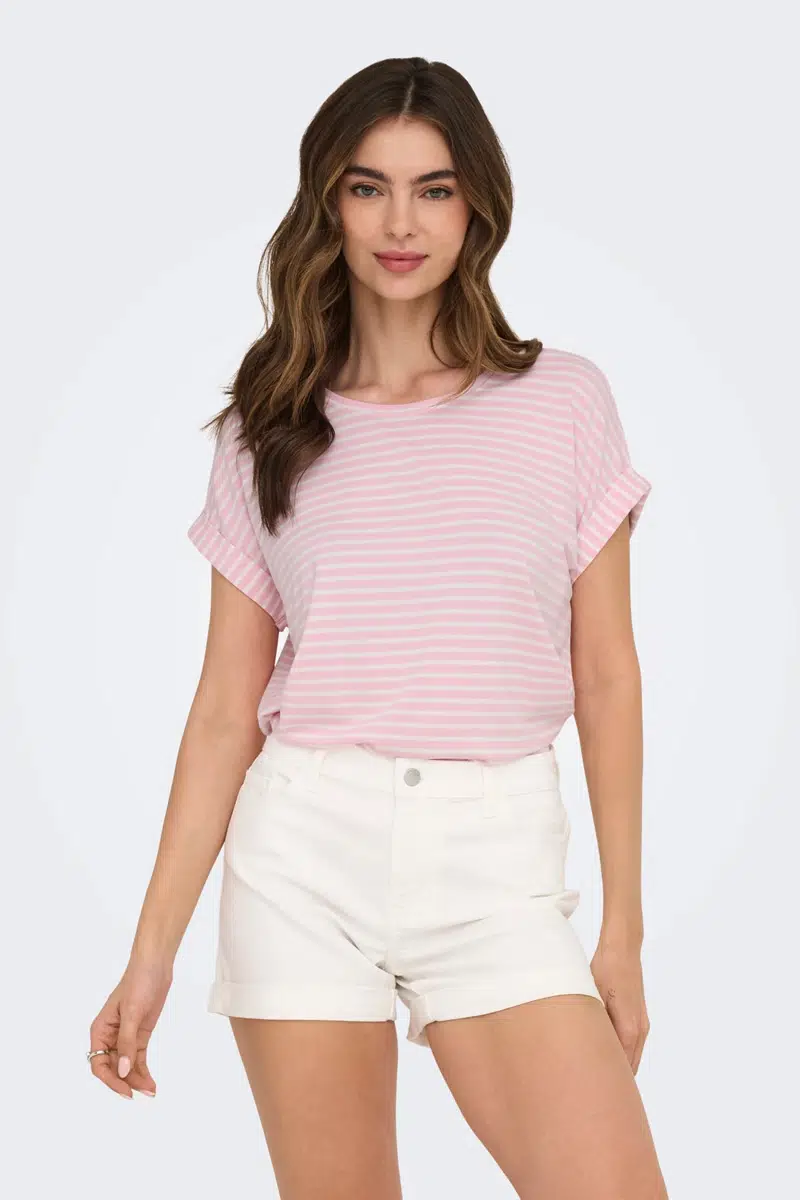 15206243 ONLMOSTER STRIPE S/S O-NECK TOP JRS NOOS - PİNK LADY/CLOUD DANC