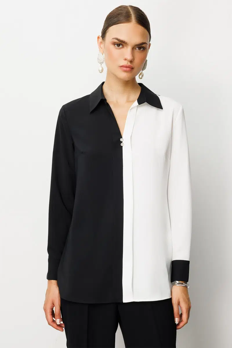 1615 MODAİLGİ SİYAH EKRU KOMBİNLİ YAKASI TAŞ DETAYLI GÖMLEK