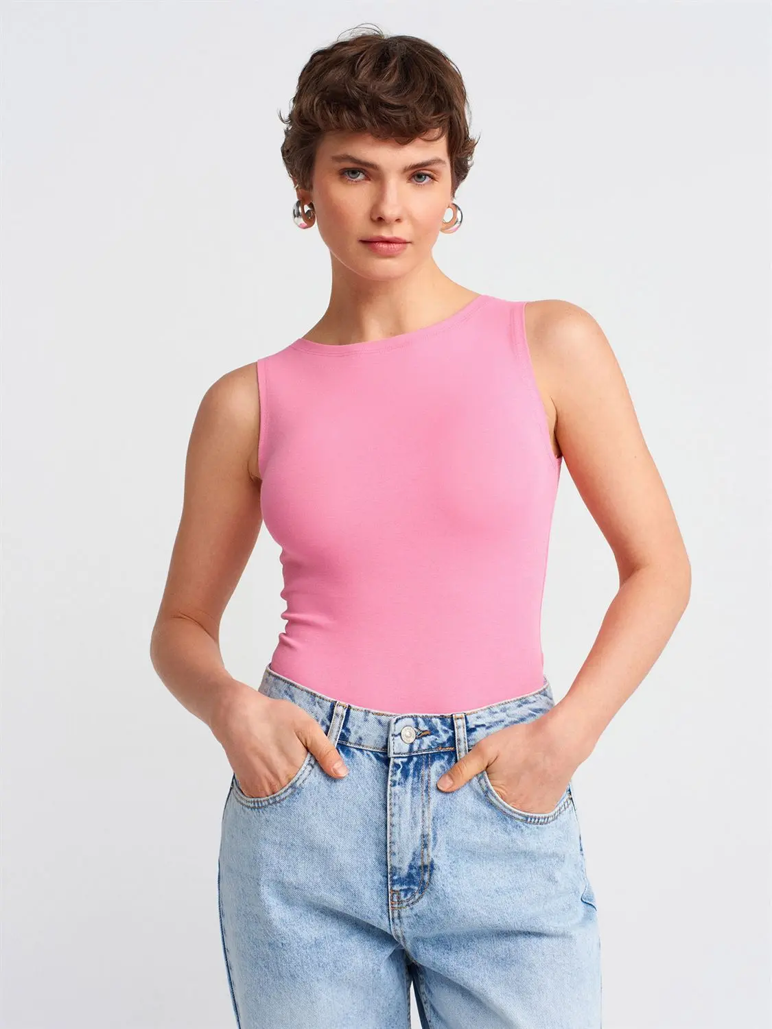 20868 DİLVİN KAYIK YAKA KOLSUZ TOP T-SHIRT - PEMBE