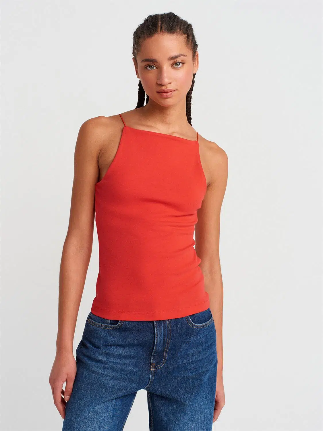 21020 DİLVİN HALTER YAKA TOP T-SHIRT - KIRMIZI