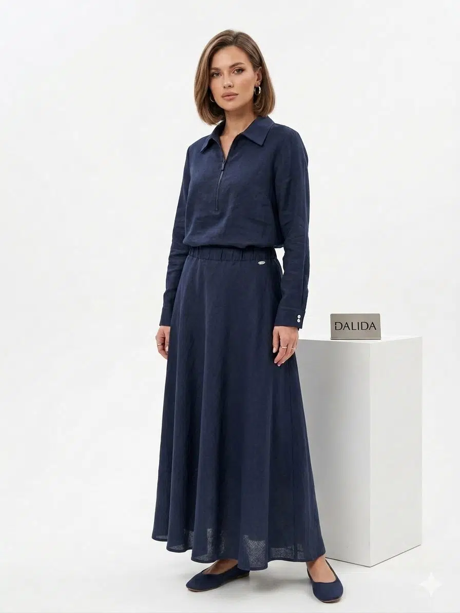 2262258 MISSDALIDA BELİ LAST. RAHAT KESİM KETEN ETEK - DARK NAVY