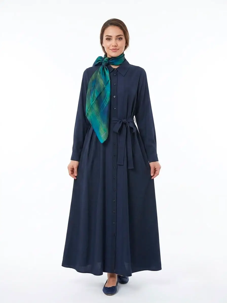 2264551 MISSDALIDA ERKEK YAKA İPEK KETEN UZUN ELBİSE - DARK NAVY