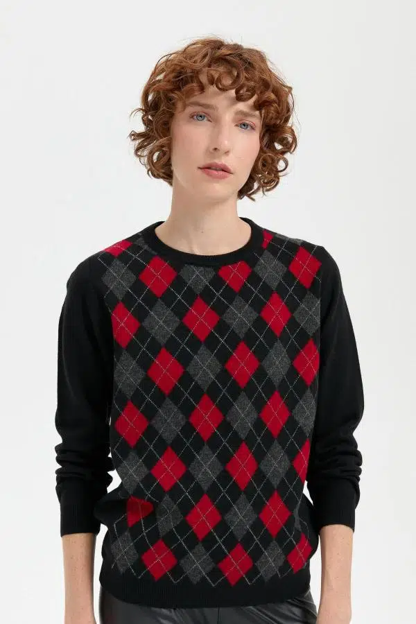 24035 DESEN TRİKO ÖNÜ BAKLAVALI SIFIR YAKA KADIN BLUZ