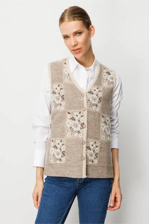 24084 DESEN TRİKO PITIRCIK ÇİÇEKLİ PATCHWORK KEÇE YELEK