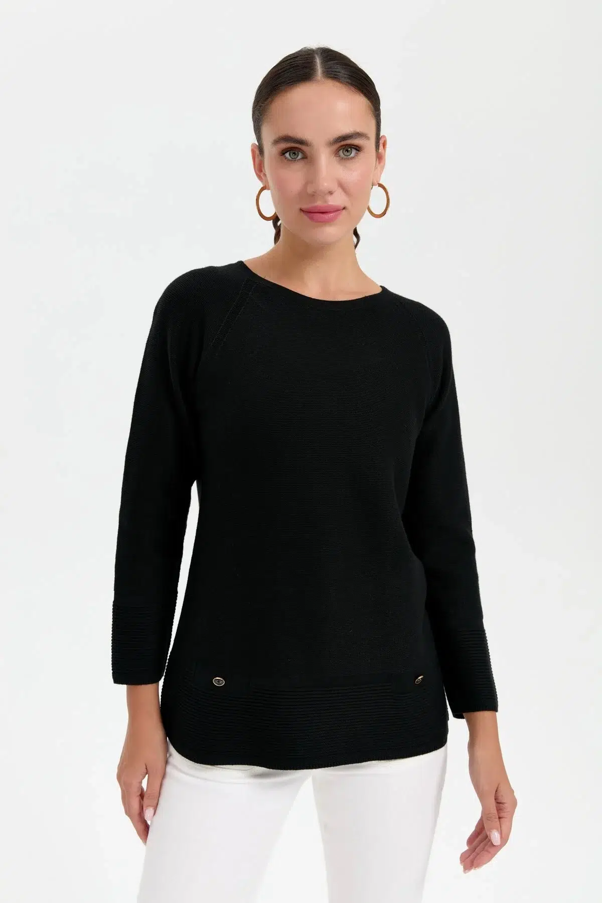 24189 DESEN TRİKO LİNXLİ REGLAN KOL SAHTE CEPLİ KAZAK - SİYAH