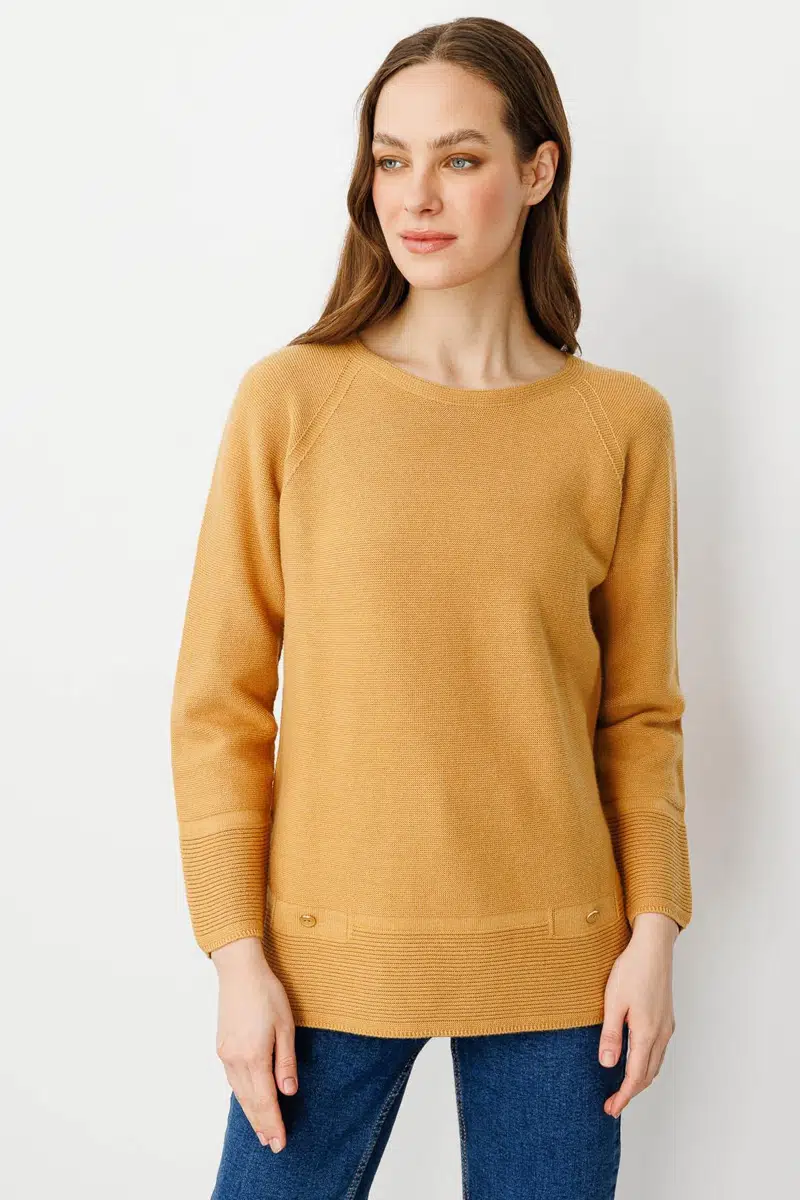 24189 DESEN TRİKO LİNXLİ REGLAN KOL SAHTE CEPLİ KAZAK - CAMEL