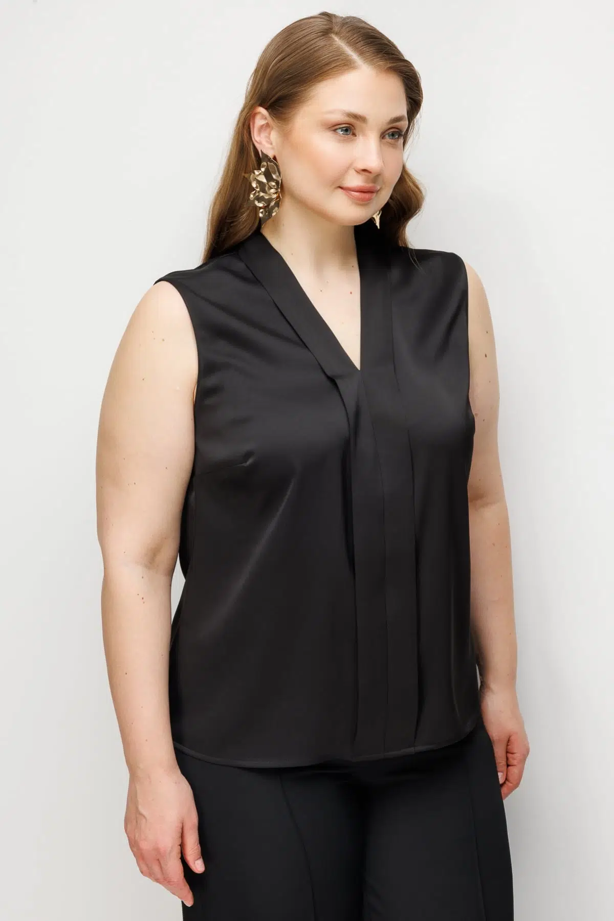 2504 Ekol Yakası Şeritli Kolsuz Büyük Beden Bluz - SİYAH