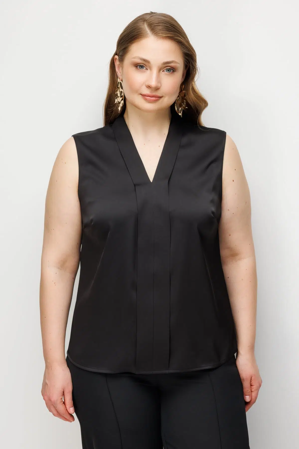 2504 Ekol Yakası Şeritli Kolsuz Büyük Beden Bluz