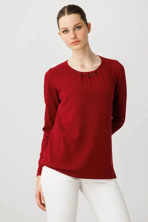 25093 DESEN TRİKO YAKASI BÜZGÜLÜ DANTEL ÇİÇEK İŞLEMELİ LİGRA BLUZ