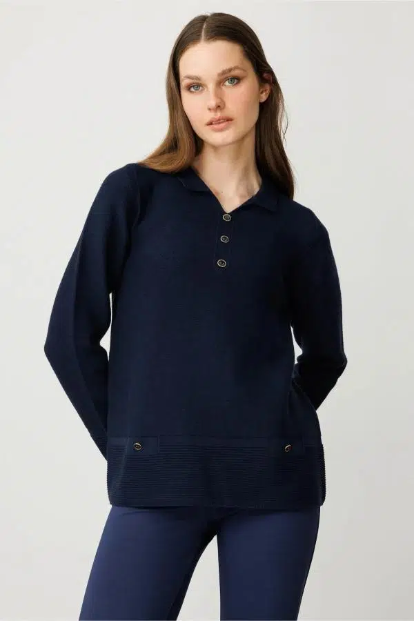 25243 DESEN TRİKO LİNXLİ POLO YAKA SAHTE CEPLİ KADIN TUNİK