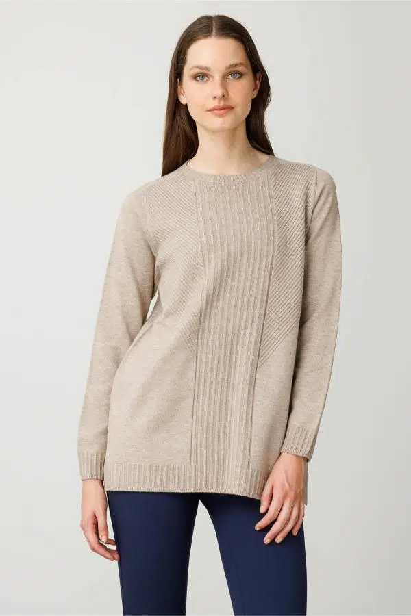 25250 DESEN TRİKO ÖNÜ ÇİZGİLİ GÖĞSÜ VEREV BİRİKTİRMELİ SIFIR YAKA TUNİK