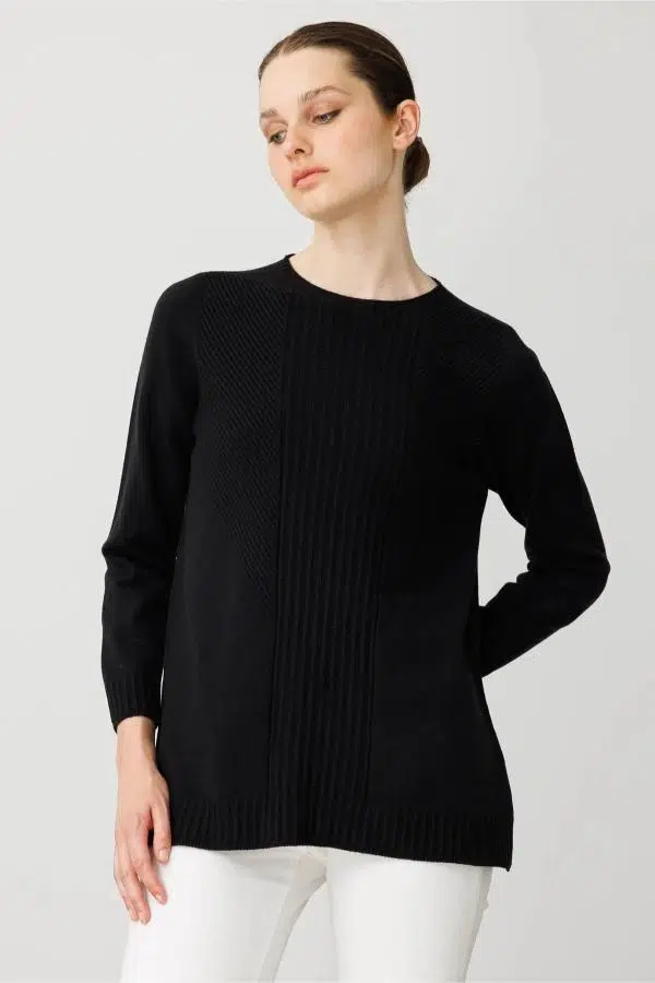 25250 DESEN TRİKO ÖNÜ ÇİZGİLİ GÖĞSÜ VEREV BİRİKTİRMELİ SIFIR YAKA TUNİK