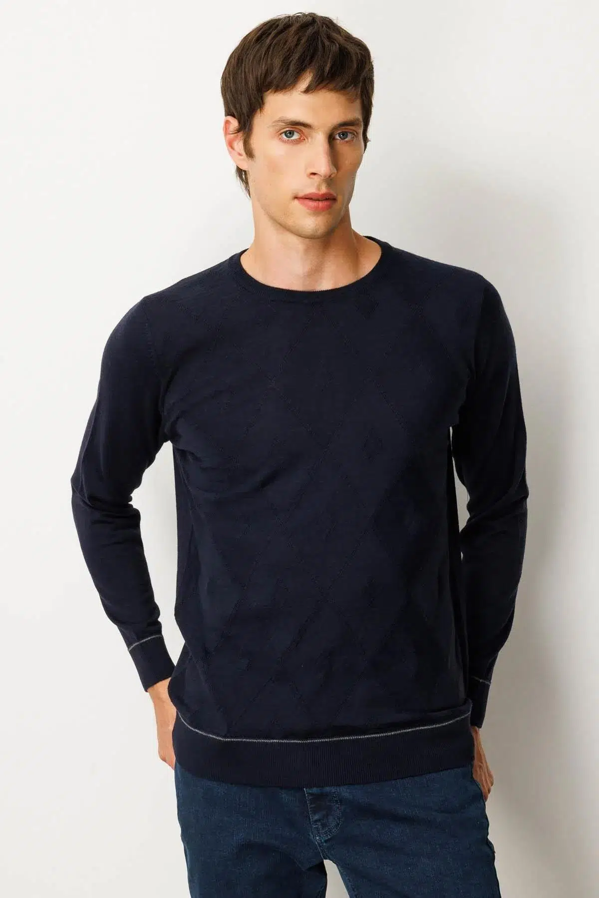 25603 DESEN TLL 50/50 LASTİKLİ ÇİZGİLİ SY BAKLAVALI TRİKO ERKEK KAZAK