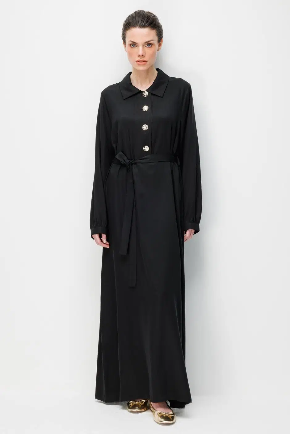 261301 MİCCA Doğal LyoCELL Dökümlü Soft Hissiyat Düğme Kapama Özel Elbise - SİYAH