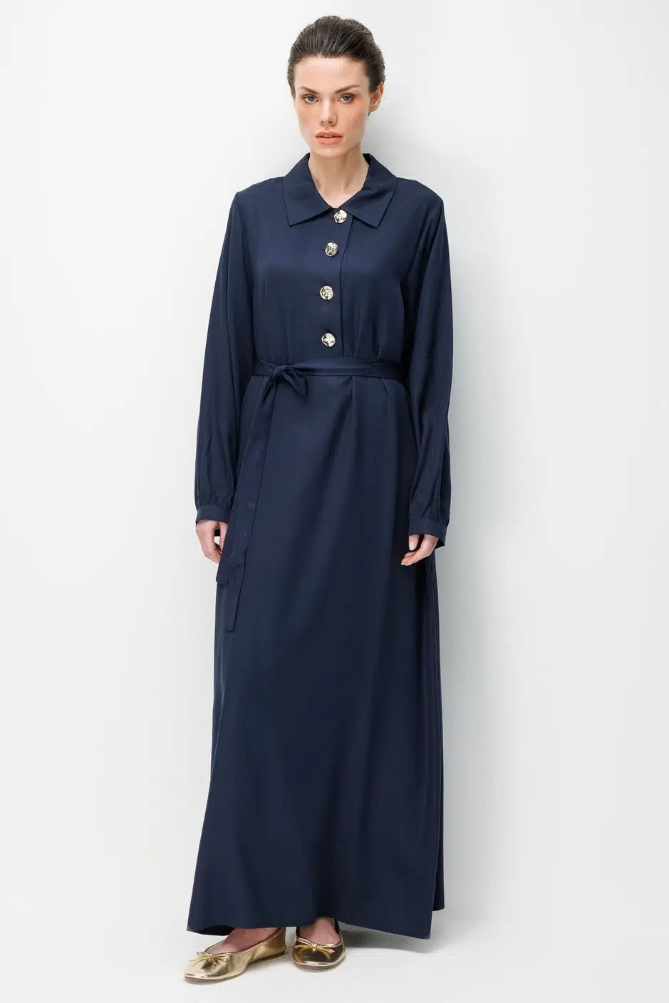 261301 MİCCA Doğal LyoCELL Dökümlü Soft Hissiyat Düğme Kapama Özel Elbise - LACİVERT