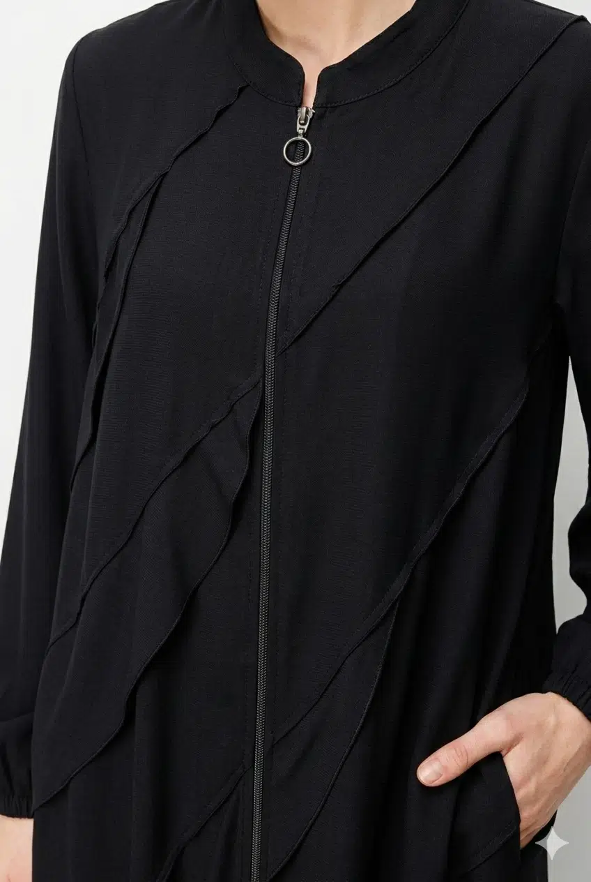 261530 MİCCA %100 Doğal LyoCELL Dökümlü Soft Hissiyat Ara Aller Volanlı Detay Ferace - SİYAH