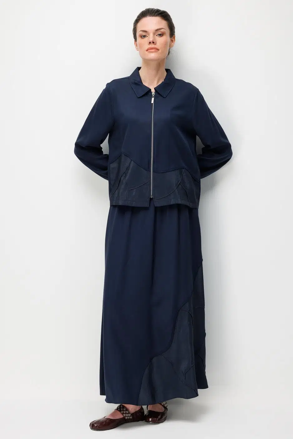 261820 MİCCA Doğal LyoCEL Dökümlü Soft Hissiyat Aller Elişi Nakışi şleme Etek ve Maxi Ceket Kombin Takım - LACİVERT