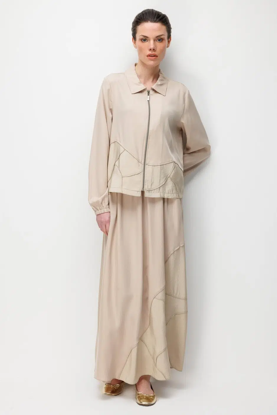 261820 MİCCA Doğal LyoCEL Dökümlü Soft Hissiyat Aller Elişi Nakışi şleme Etek ve Maxi Ceket Kombin Takım - TAŞ