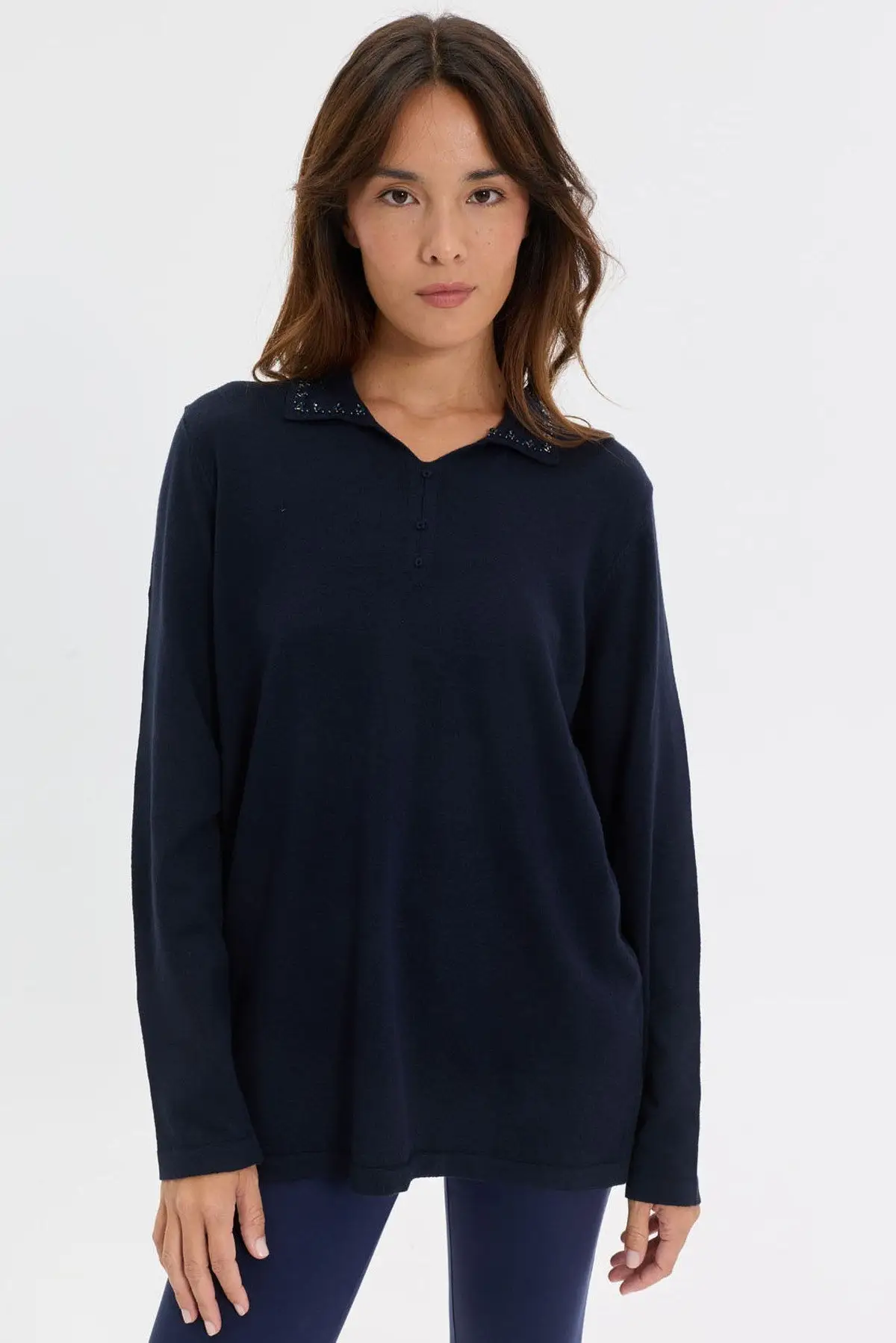 26656 DESEN KRZ POLO YAKASI BONCUK İŞLEMELİ ETEĞİ TORBALI LİGRA BLUZ - K.LACİ