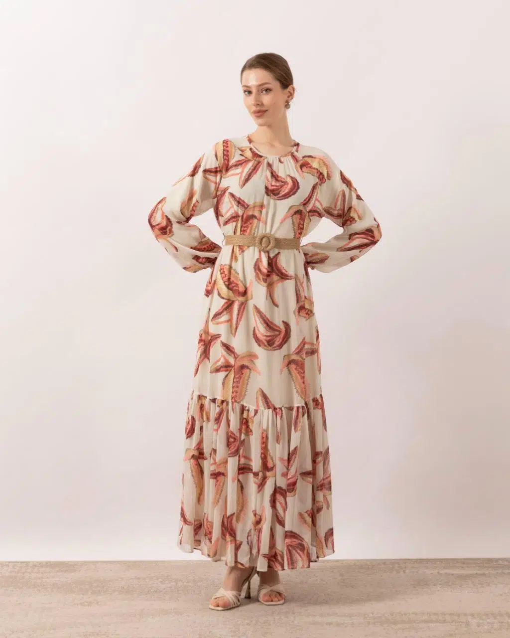 3032 STİLİFE YAPRAK DESEN ELBİSE