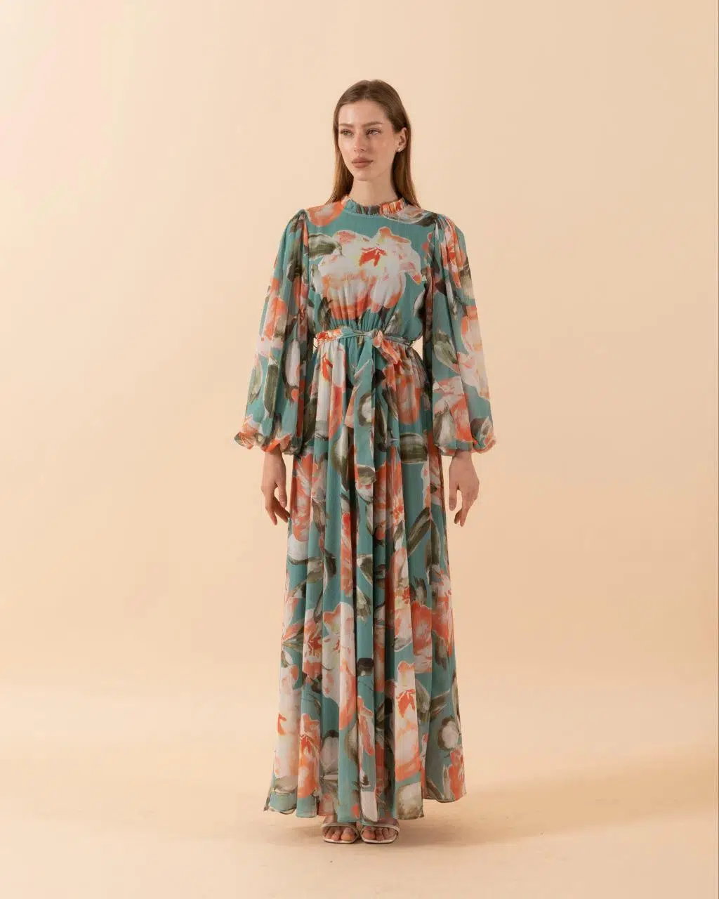 3055 STİLİFE BALON KOL BÜYÜK ÇİÇEK ELBİSE