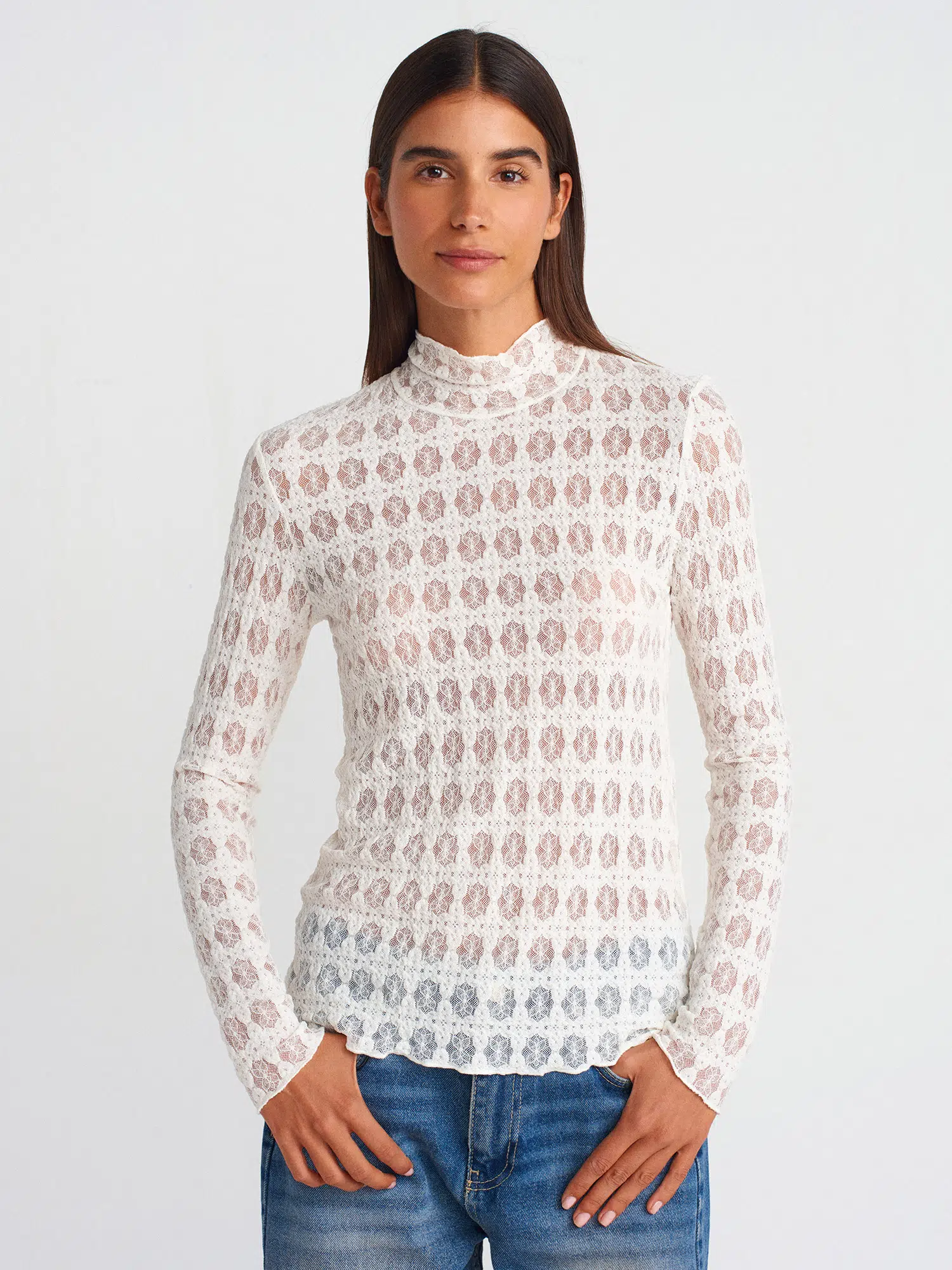 31328 DİLVİN BALIKÇI YAKA FERMUARLI DANTEL TOP - EKRU