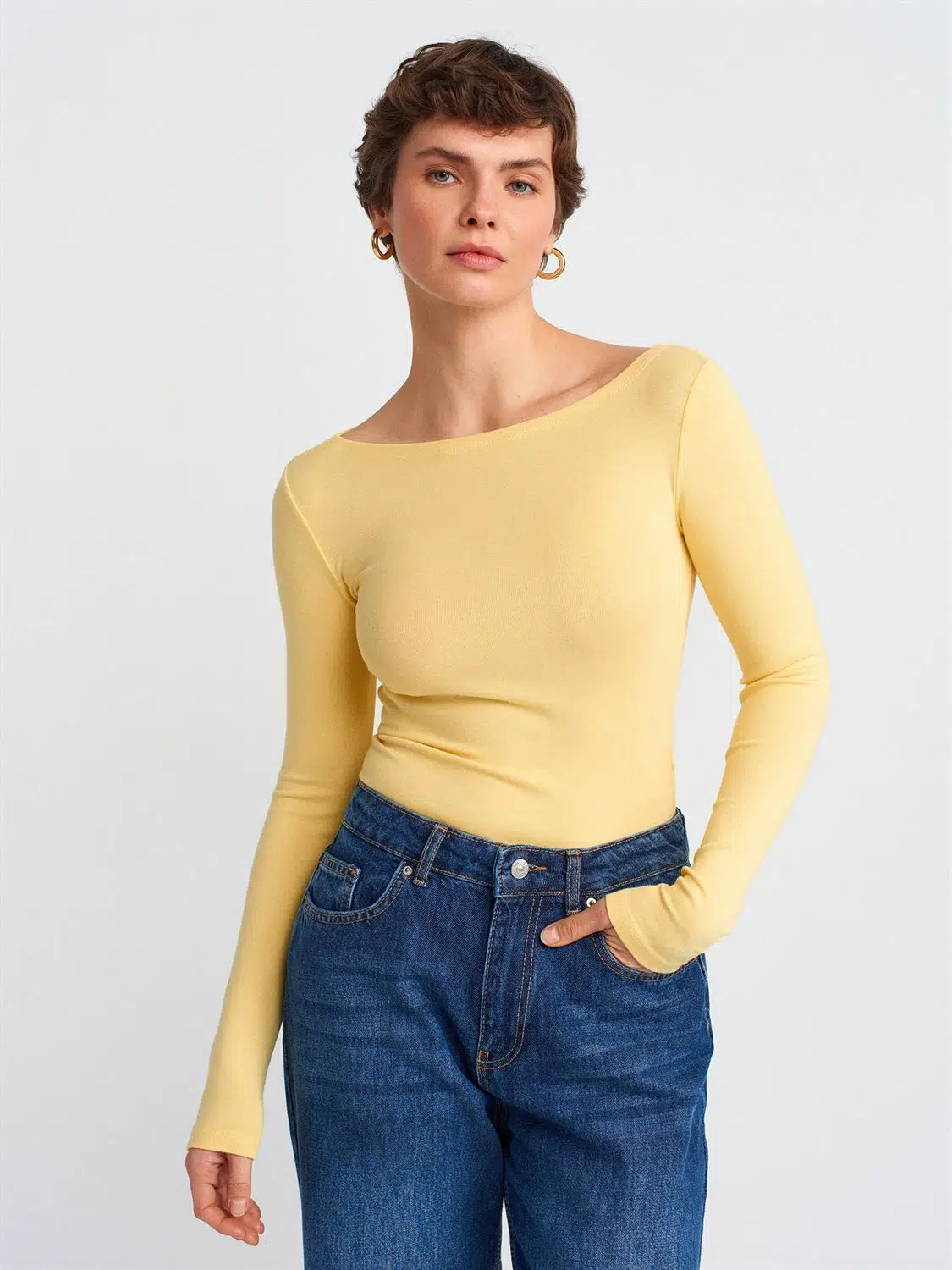 31332 DİLVİN KAYIK YAKA UZUN KOLLU TOP - SARI