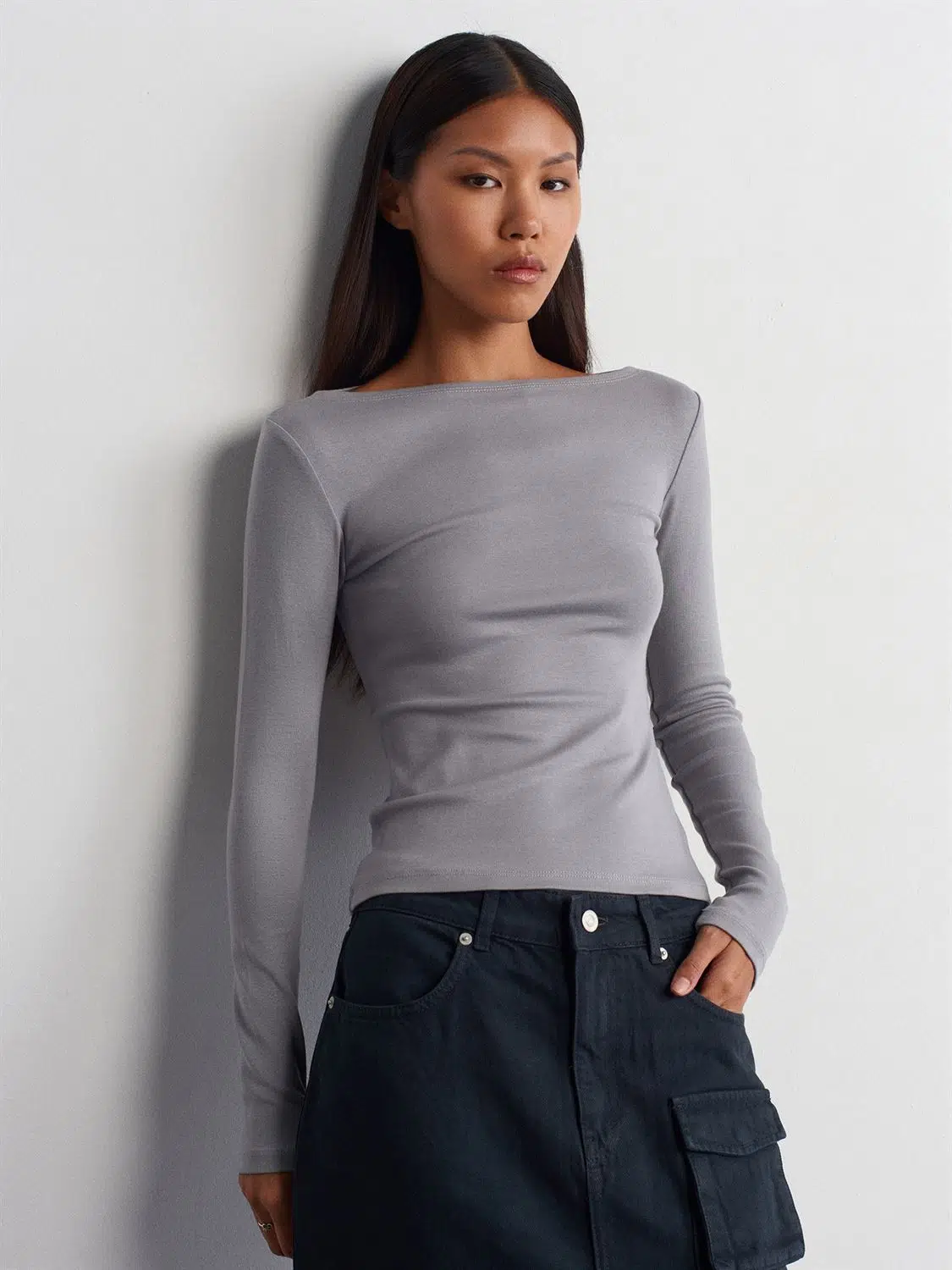 31332 DİLVİN KAYIK YAKA UZUN KOLLU TOP - GRİ