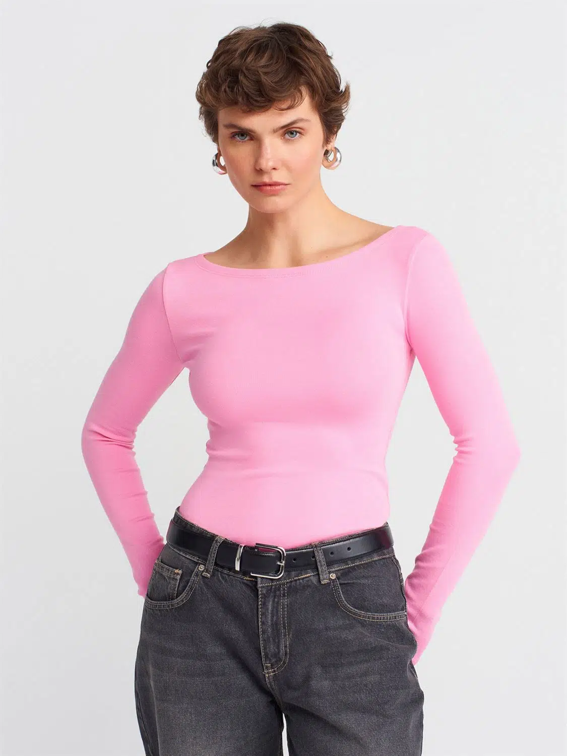 31332 DİLVİN KAYIK YAKA UZUN KOLLU TOP - PEMBE