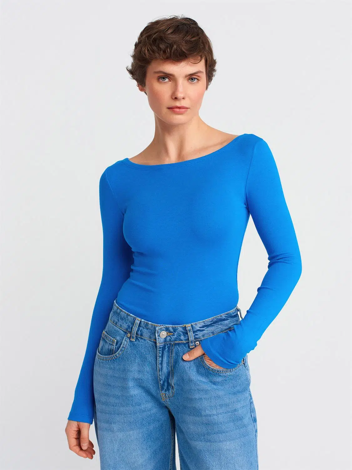 31332 DİLVİN KAYIK YAKA UZUN KOLLU TOP - SAKS