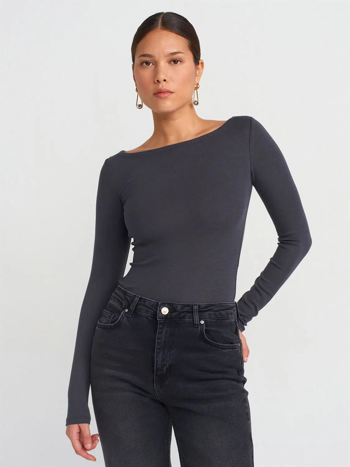 31332 DİLVİN KAYIK YAKA UZUN KOLLU TOP - ANTRASİT