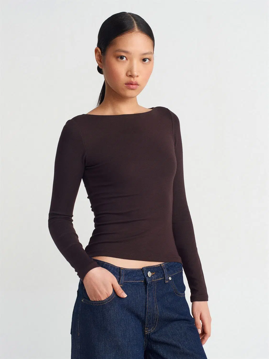 31332 DİLVİN KAYIK YAKA UZUN KOLLU TOP - K.KAHVE