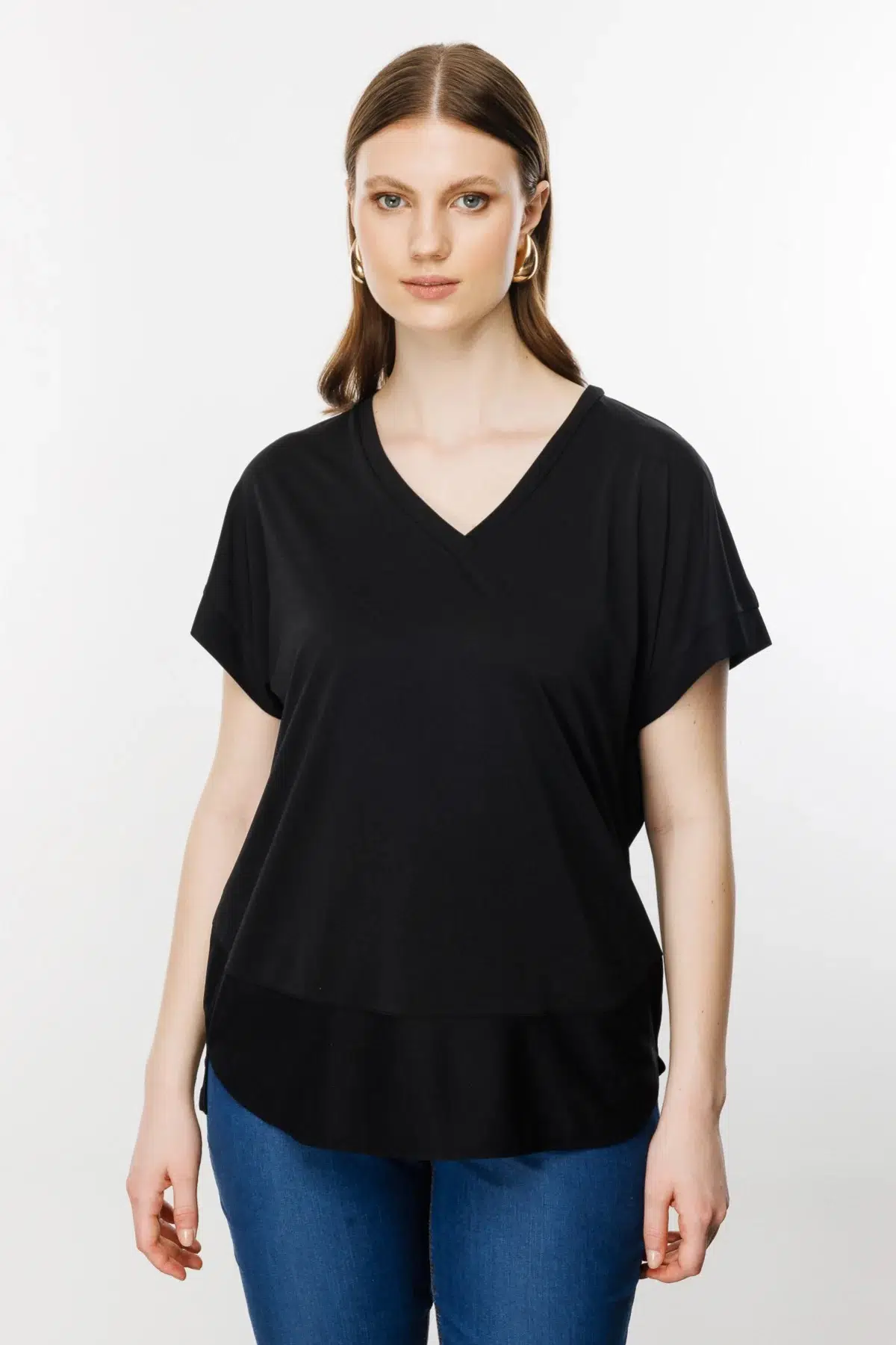 31476 ONTEKS V YAKA KISA KOL BASIC BLUZ - SİYAH