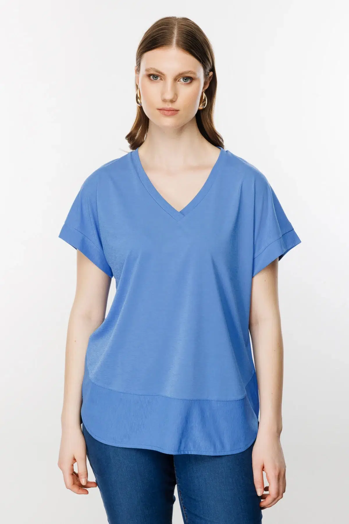 31476 ONTEKS V YAKA KISA KOL BASIC BLUZ - MAVİ