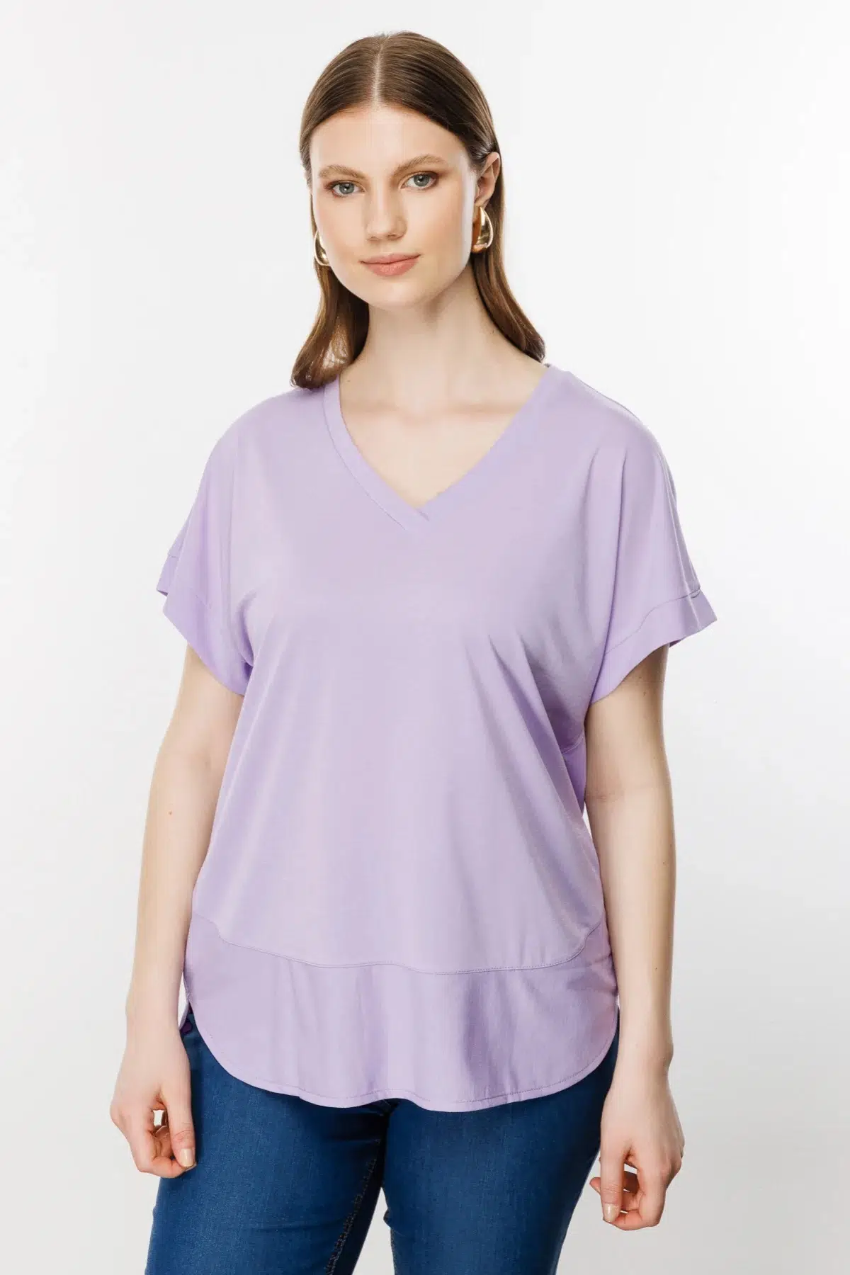 31476 ONTEKS V YAKA KISA KOL BASIC BLUZ - LİLA