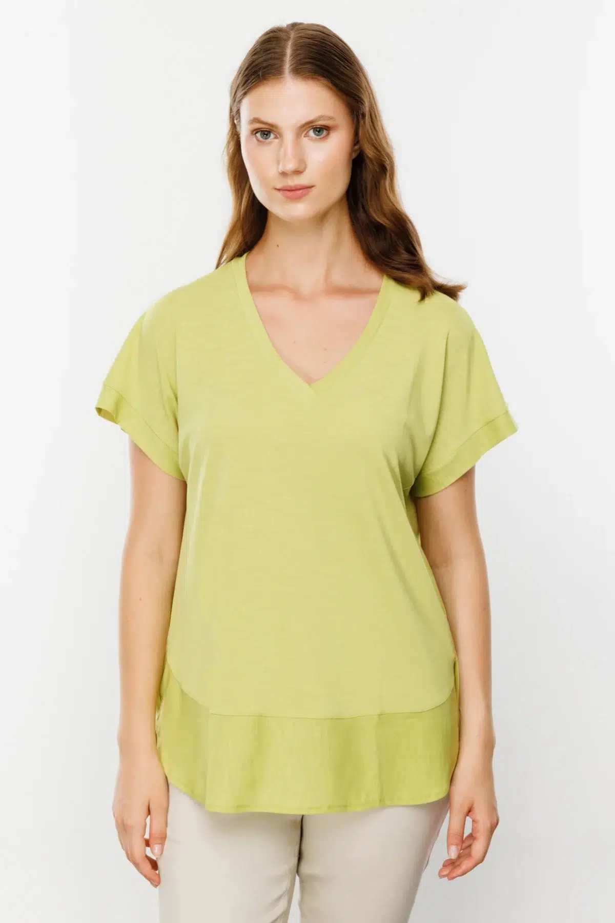 31476 ONTEKS V YAKA KISA KOL BASIC BLUZ - OLİVE