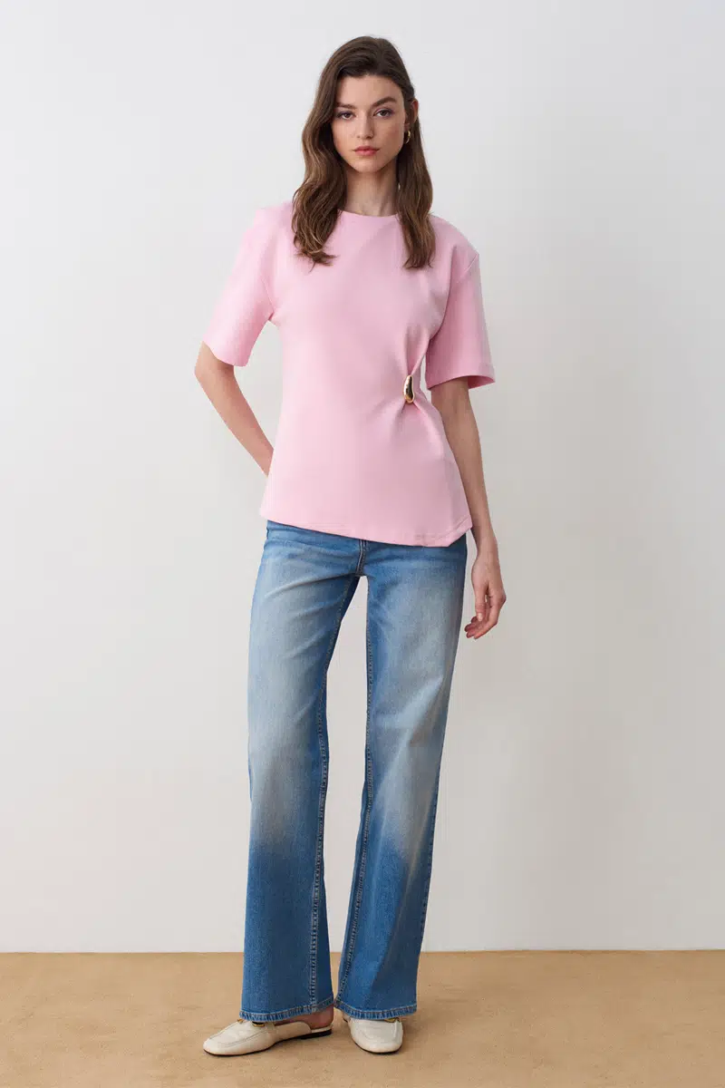 32445 DİLVİN AKSESUAR DETAYLI KISA KOLLU T-SHIRT - TOZ PEMBE