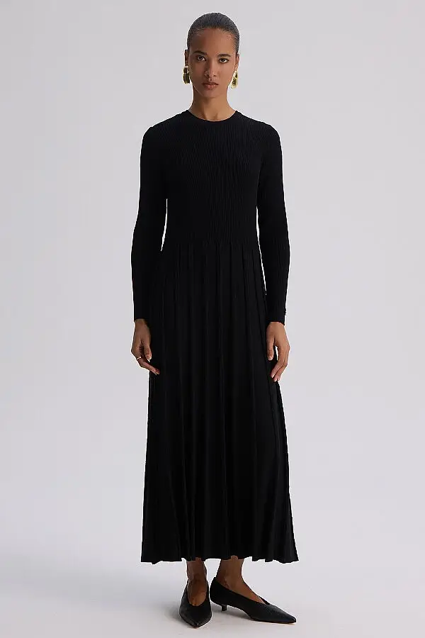 3264002 MISSDALIDA İNCE FİTİLLİ PLİSE DTYL. TRİKO ELBİSE - BLACK