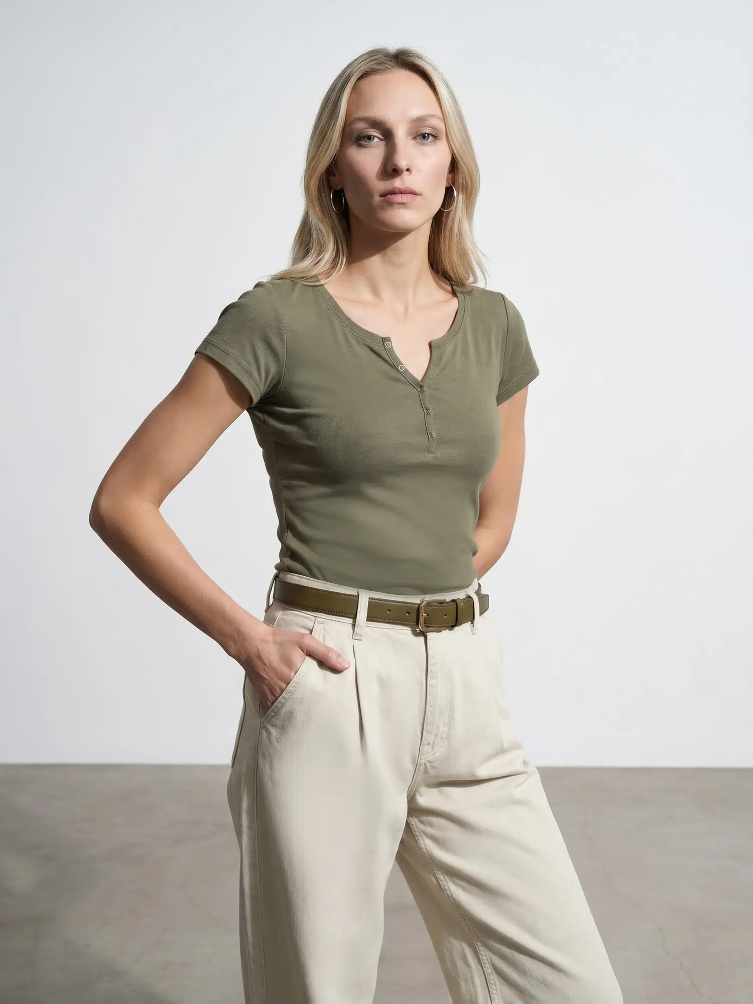 32688 DİLVİN DÜĞME DETAYLI T-SHIRT - HAKİ